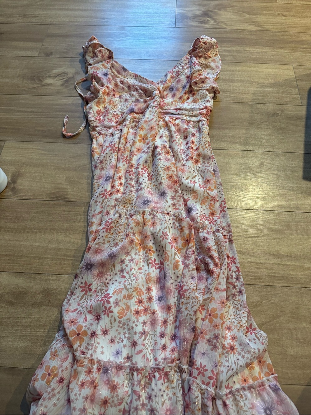 Altar'd State White Floral Midi Dress with Pink, Orange & Purple Accents